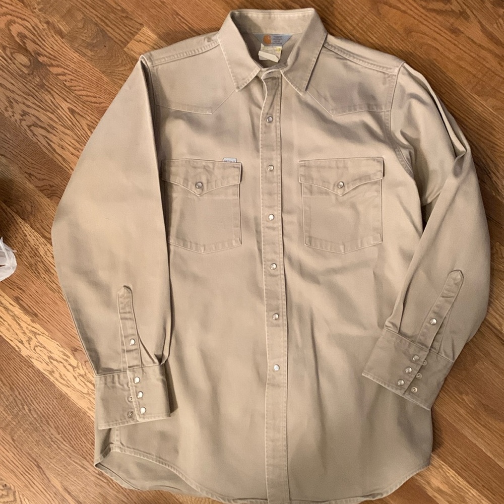 Vgt 90s Carhartt Khaki Pearlsnap Dress Shirt 100% Cotton Western Shirt 16.5 X 34